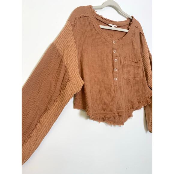 Promesa Brown Cropped Top M Boho Frayed Hem Waffle Oversize Casual Festival Fall - Picture 2 of 10